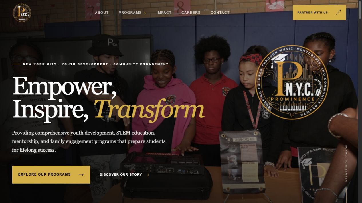 Public Prominence NYC website homepage featuring its youth and community programs